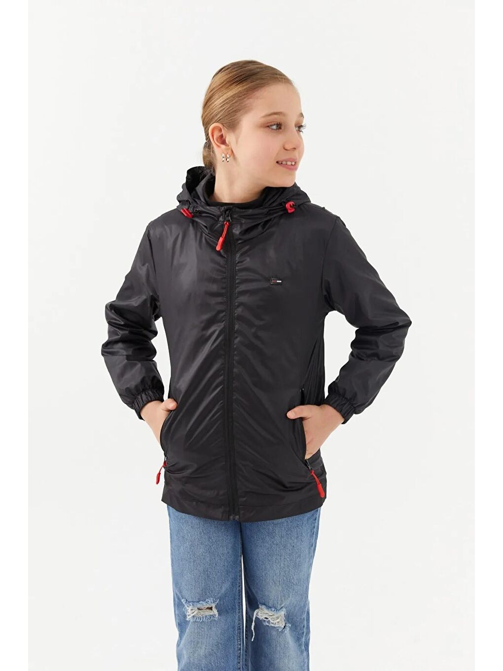 Siyah Kız Çocuk İçi Astarlı Suya Dayanıklı Kapüşonlu Cepli Yağmurluk BRMK-005-4
