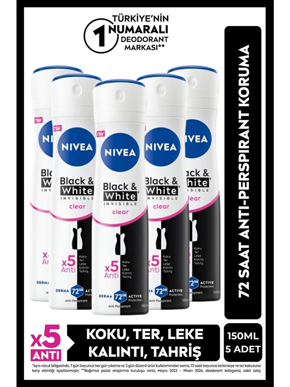 NIVEA Kadın Sprey Deodorant Black&White Invisible Clear 48 Saat Anti-Perspirant Koruma 150 ml X 5 Ade