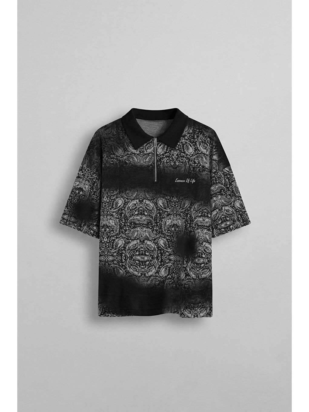 Erkek Polo Yaka Yarım Fermuarlı Baskılı T-Shirt Siyah