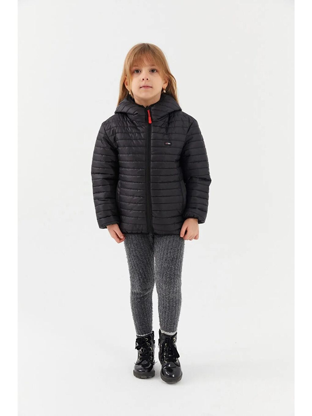 Siyah Kız Çocuk Su ve Rüzgara Dayanıklı Polarlı Kapüşonlu Mont BRMK-001-A-4