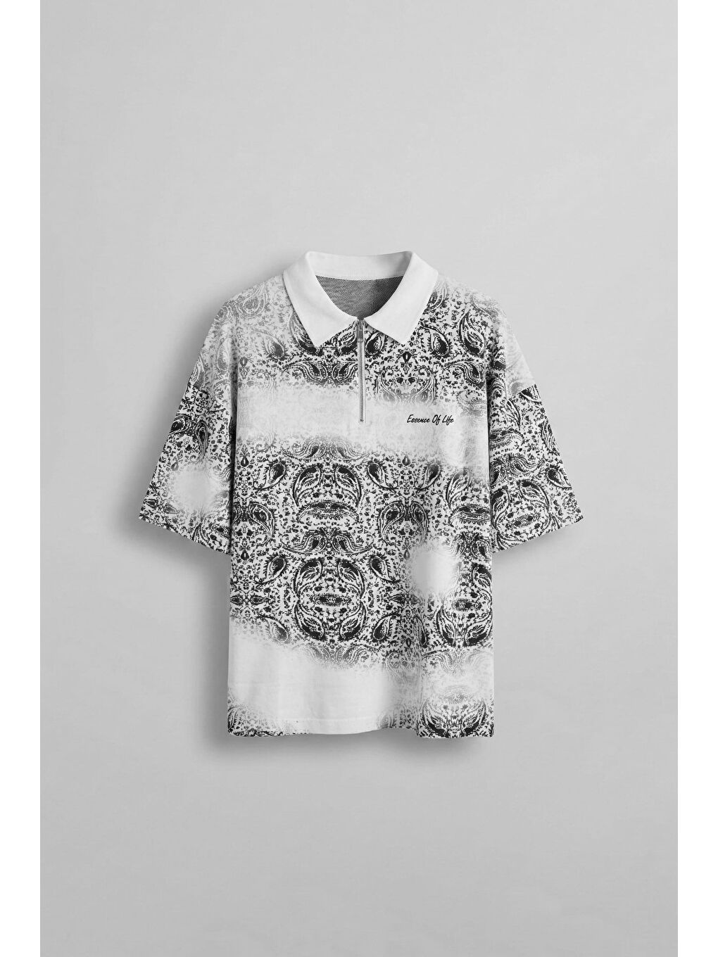 Erkek Polo Yaka Yarım Fermuarlı Baskılı T-Shirt Beyaz