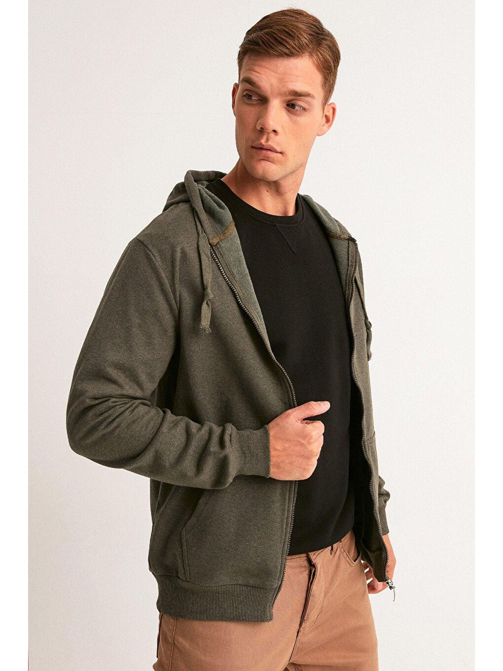 Haki Kapüşonlu Unisex Fermuarlı Sweatshirt