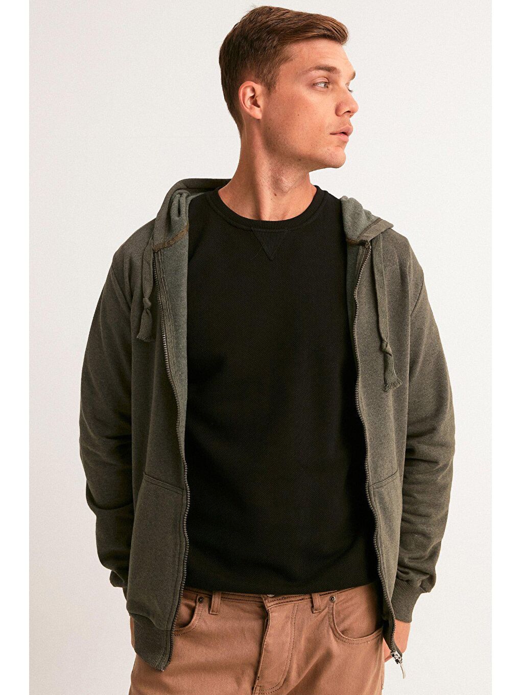 Haki Kapüşonlu Unisex Fermuarlı Sweatshirt-1