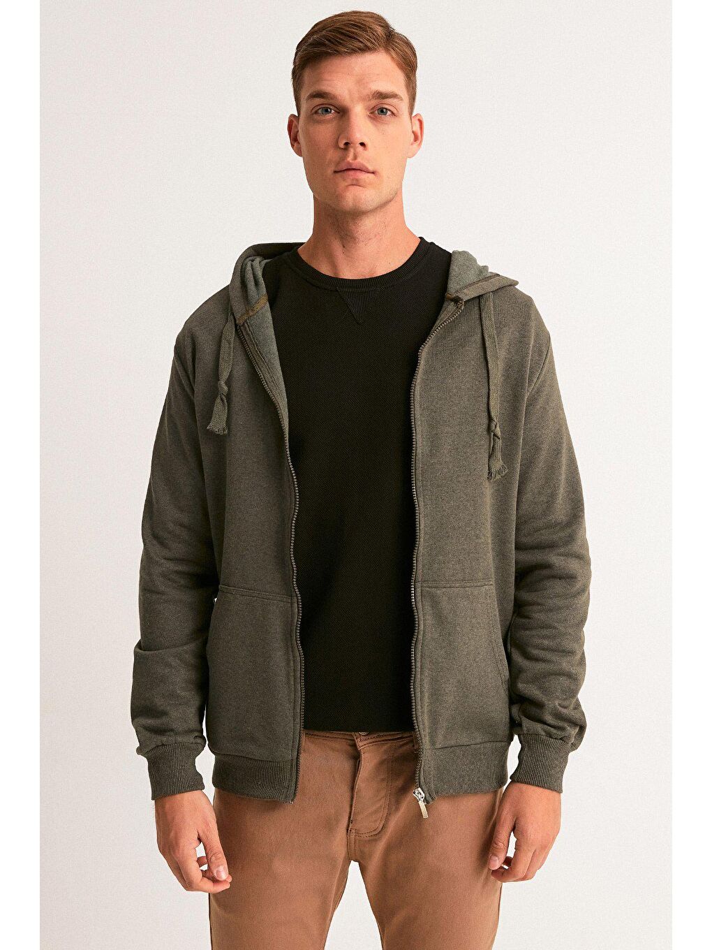 Haki Kapüşonlu Unisex Fermuarlı Sweatshirt-2