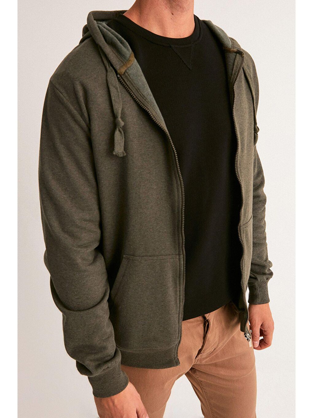 Haki Kapüşonlu Unisex Fermuarlı Sweatshirt-3