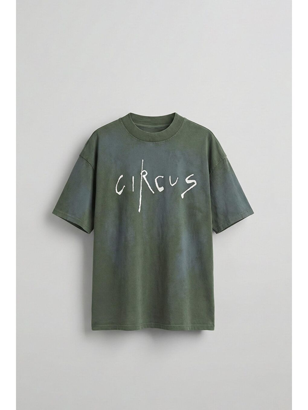 Erkek Cirsus Baskılı Yıkamalı Oversize T-Shırt Haki