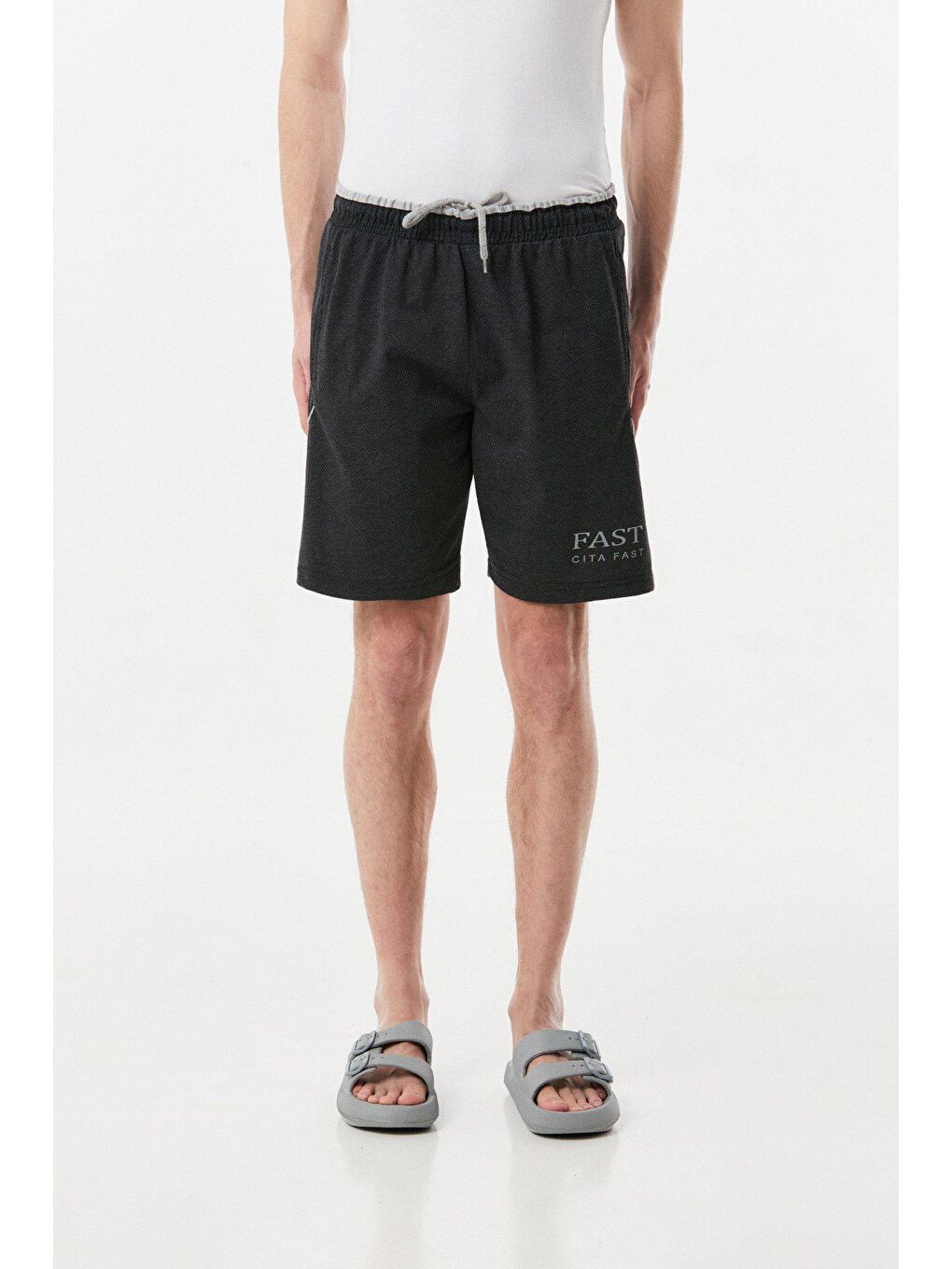 Gri Baskılı Beli Bağcıklı Şort-4