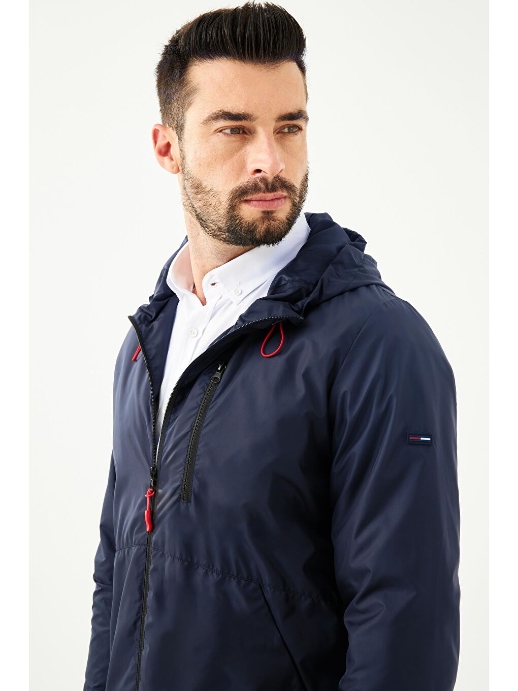 Lacivert Erkek İçi Astarlı Suya Dayanıklı Kapüşonlu Cepli Yağmurluk - Rüzgarlık Y-23