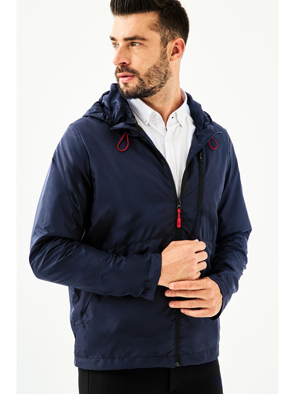 Lacivert Erkek İçi Astarlı Suya Dayanıklı Kapüşonlu Cepli Yağmurluk - Rüzgarlık Y-23-1