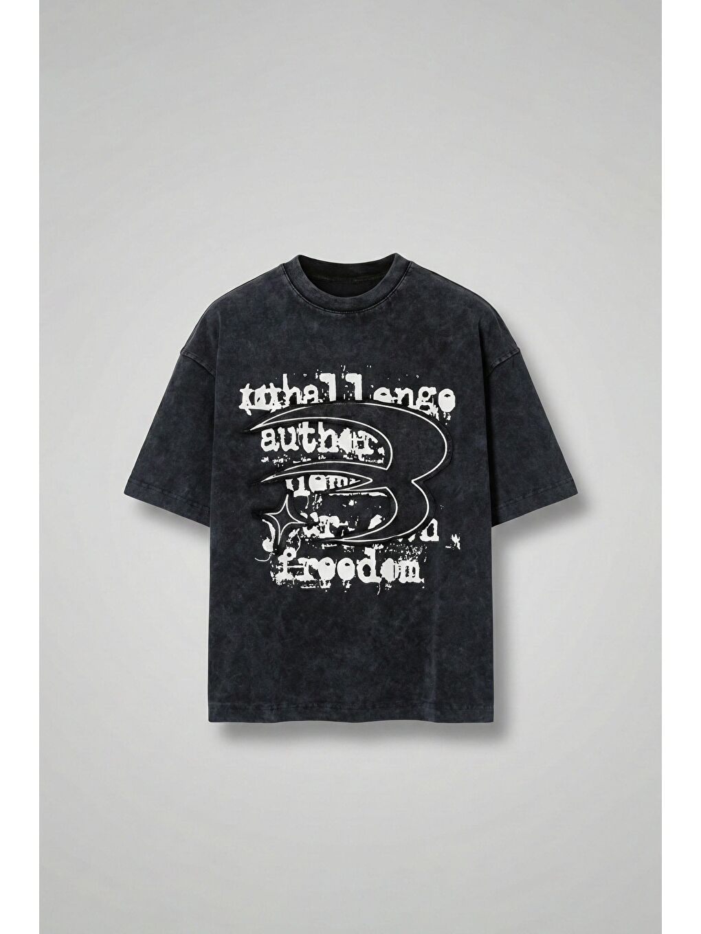 Erkek Yıkamalı İşlemeli Oversize Baskılı Premium T-Shirt Siyah