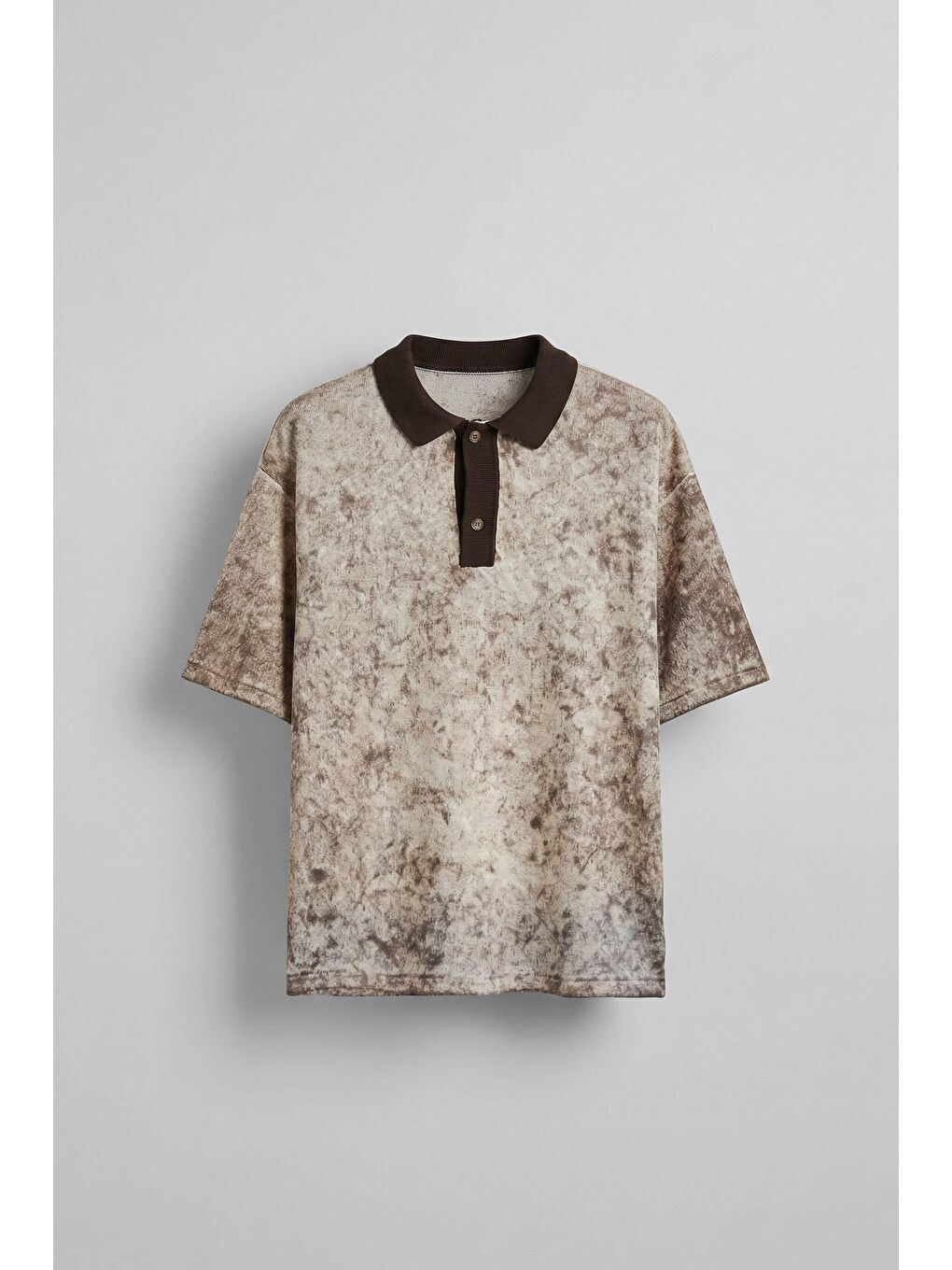 Erkek Düğmeli Polo Yaka Desenli Oversize Triko T-Shirt Kahverengi