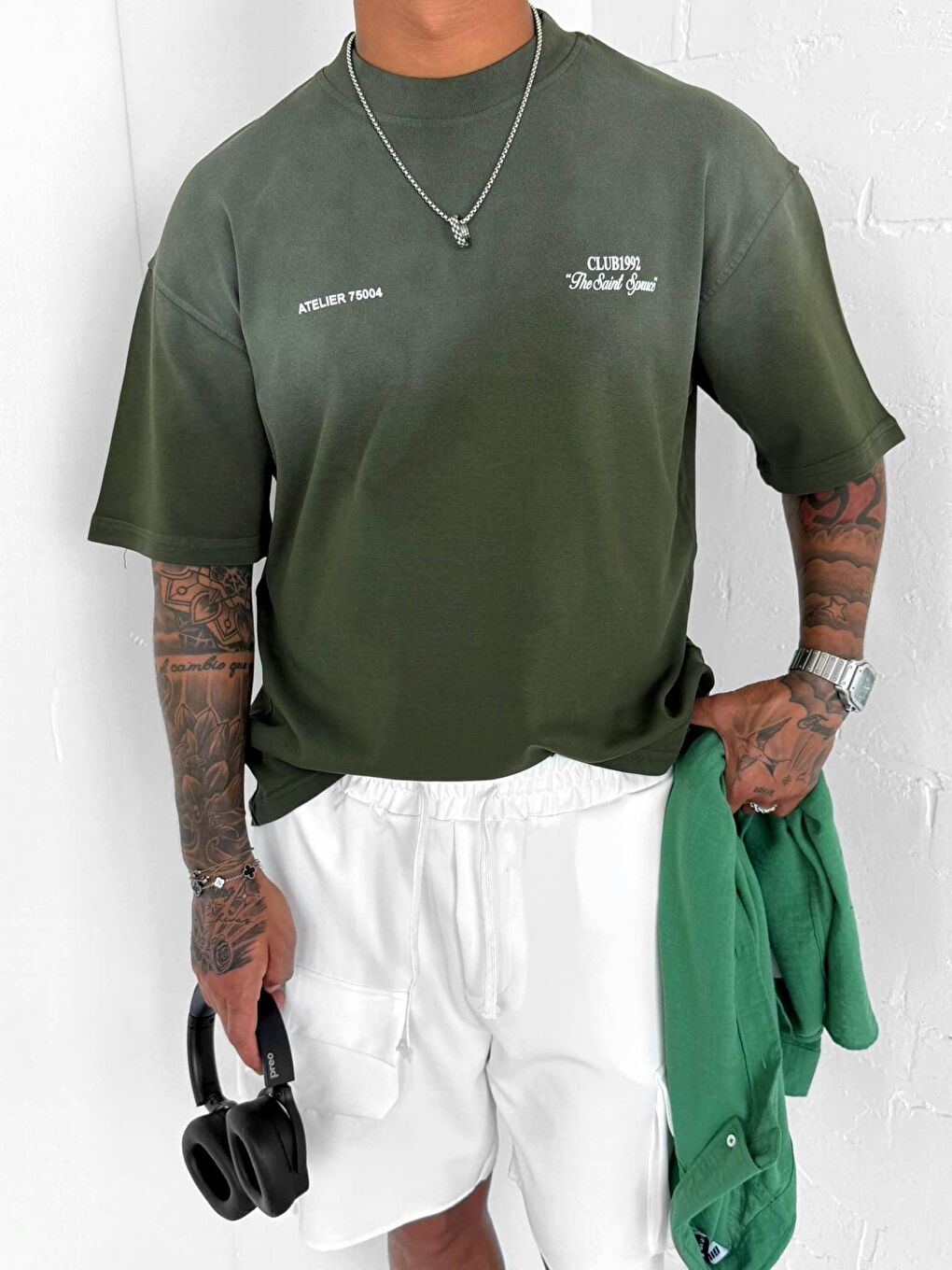 Erkek Yıkamalı Premium Kumaş Oversize T-Shirt Yeşil-2