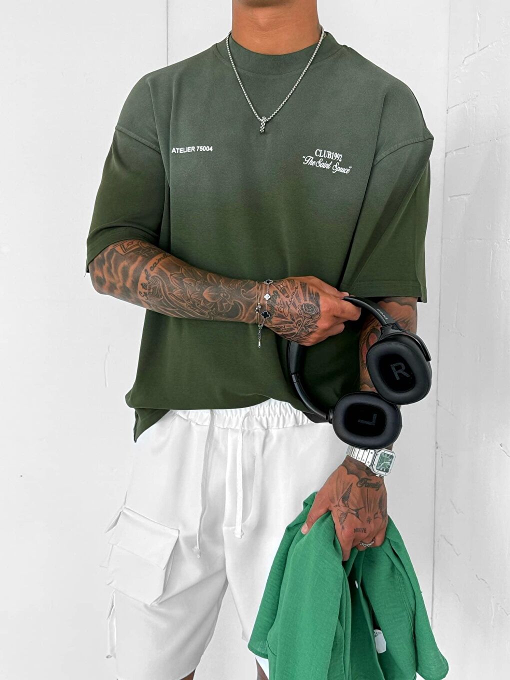 Erkek Yıkamalı Premium Kumaş Oversize T-Shirt Yeşil-3