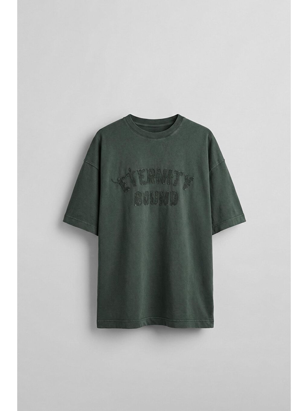 Erkek Önü Slogan İşlemeli Yıkamalı Oversize T-Shirt Yeşil