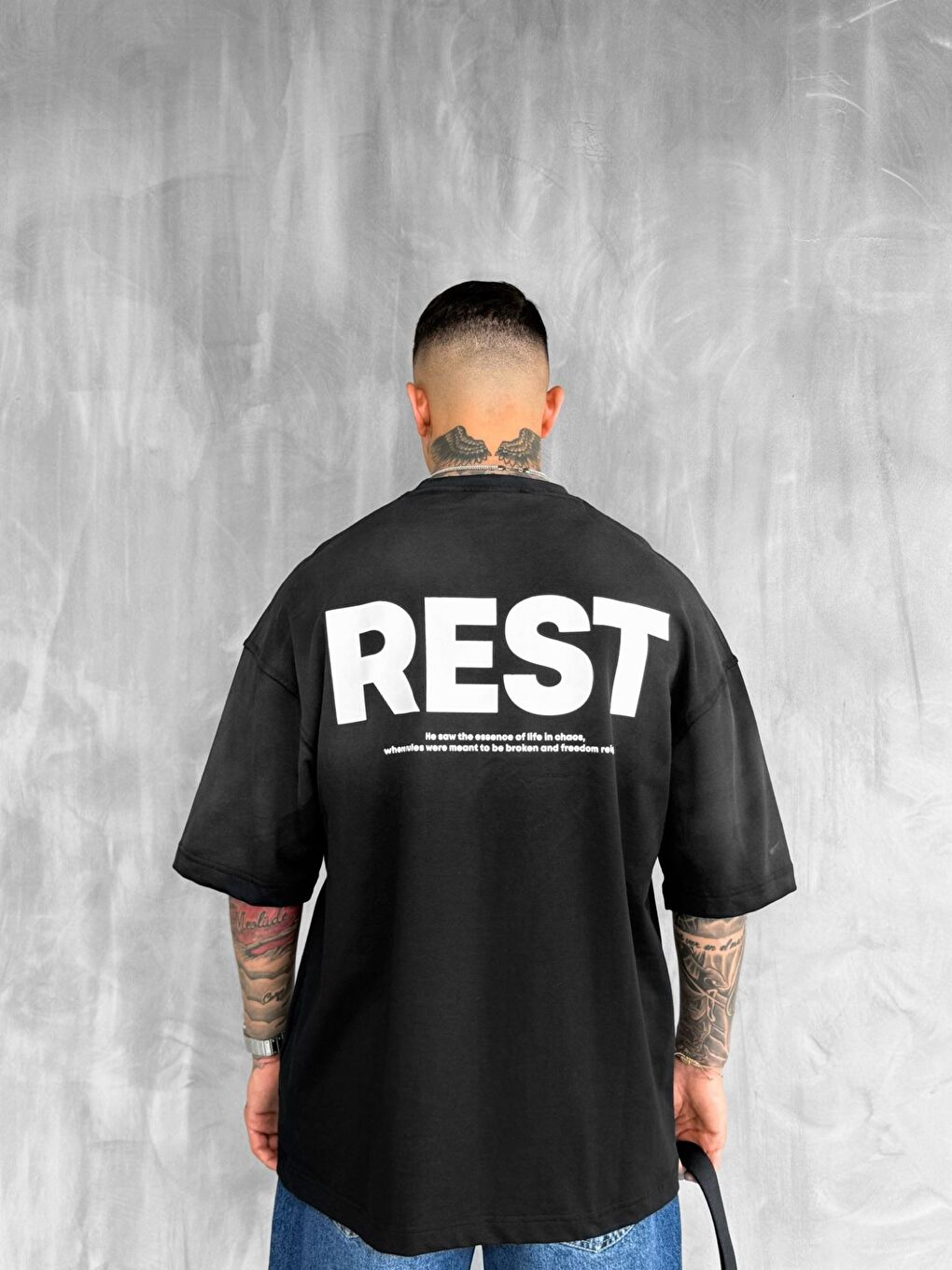 Erkek Rest Baskılı Oversize Yıkamalı T-Shirt Siyah-1