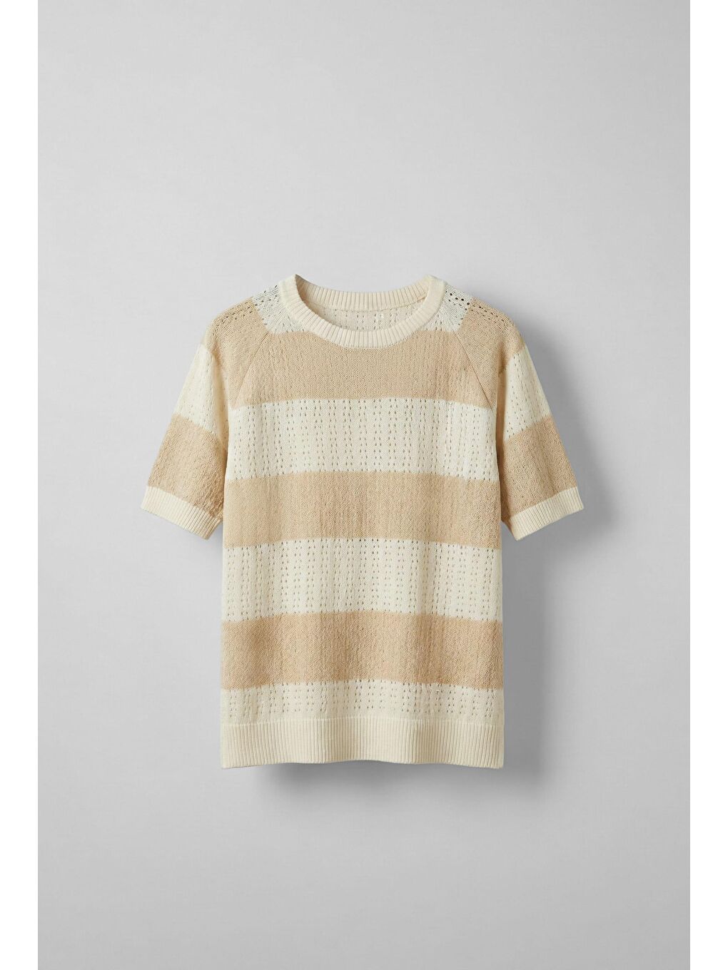 Erkek Oversize Çizgi Desenli Örme Triko T-Shirt Bej