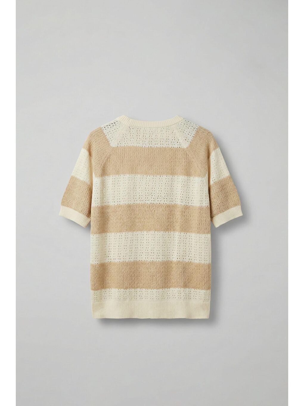 Erkek Oversize Çizgi Desenli Örme Triko T-Shirt Bej-1