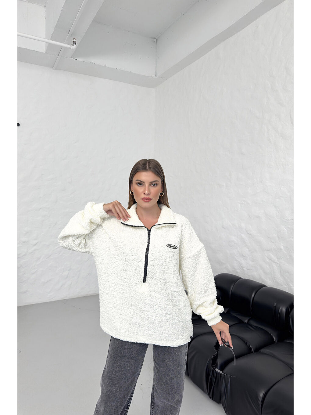 Trendseninle Beyaz Kadın Beyaz Fulfilling Life Baskılı Oversize Yarım Fermuarlı Yumuşak Dokulu Pelüş Sweatshirt - 3