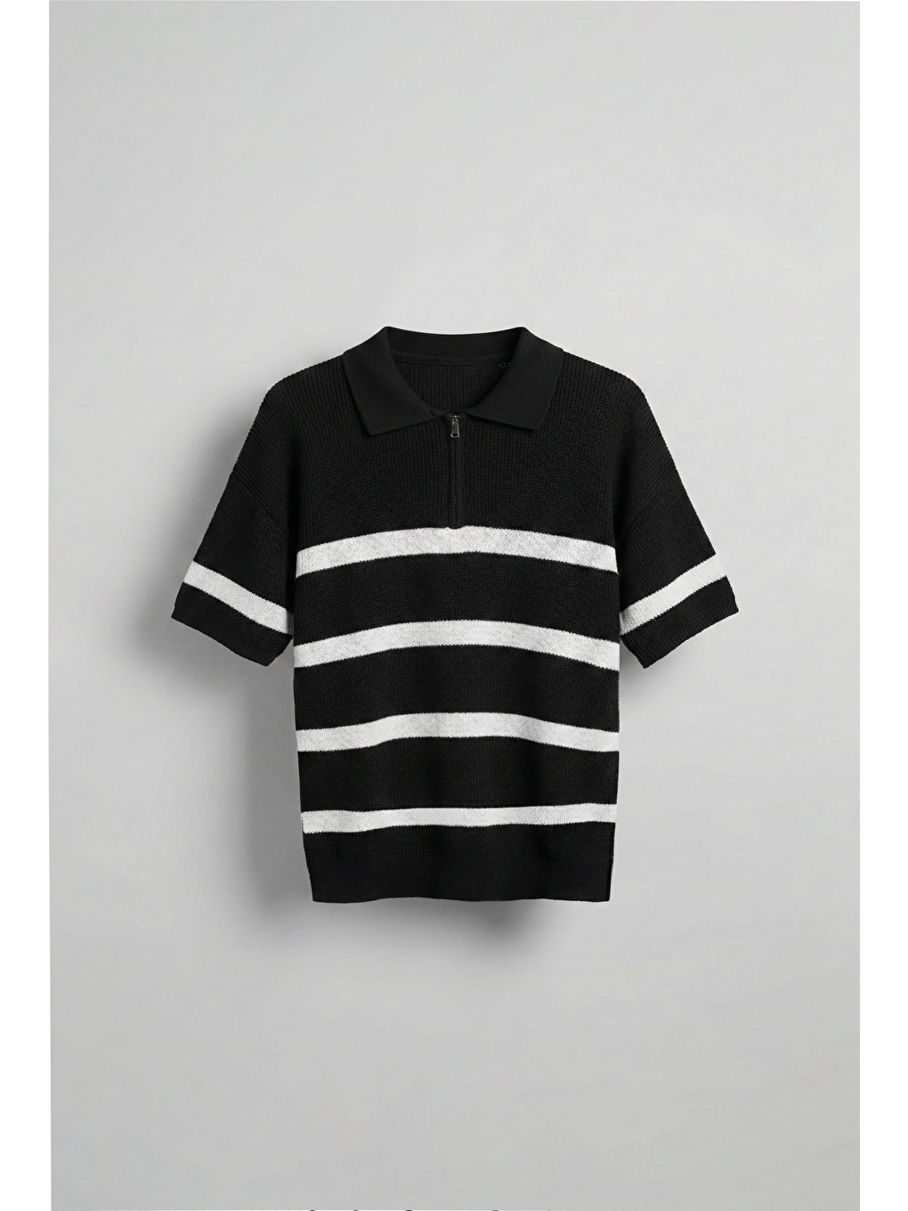 Erkek Oversize Örme Triko Polo Yaka T-Shirt Siyah