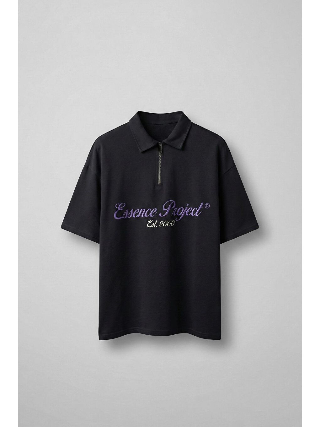 Erkek Oversize Fermuarlı Polo Yaka Baskılı T-Shirt Siyah