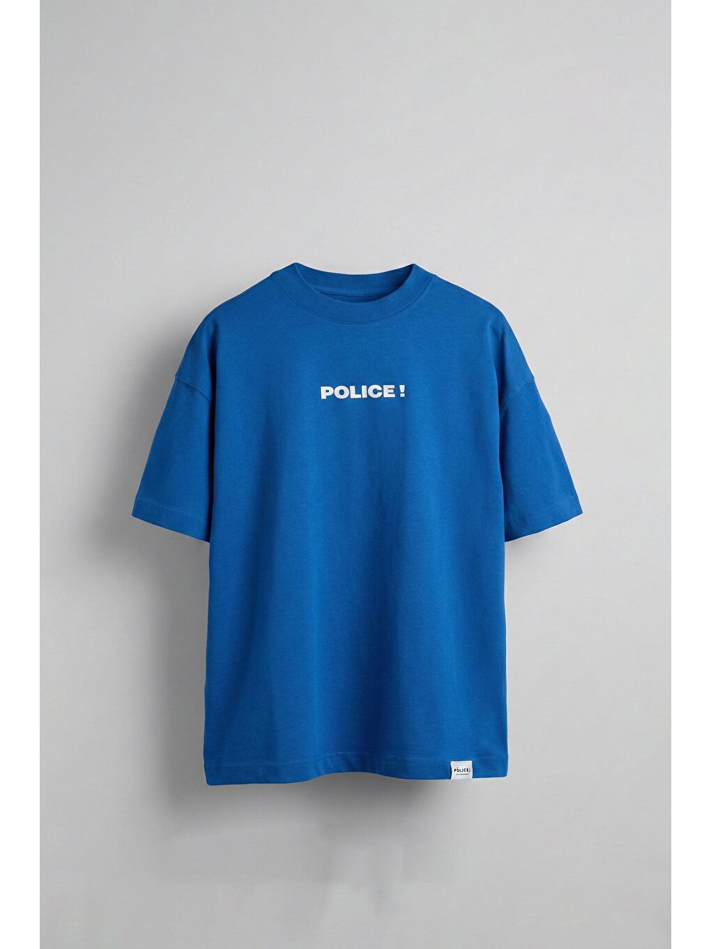 Erkek Oversize 'Police!' Baskılı İki İplik T-Shirt Mavi-1