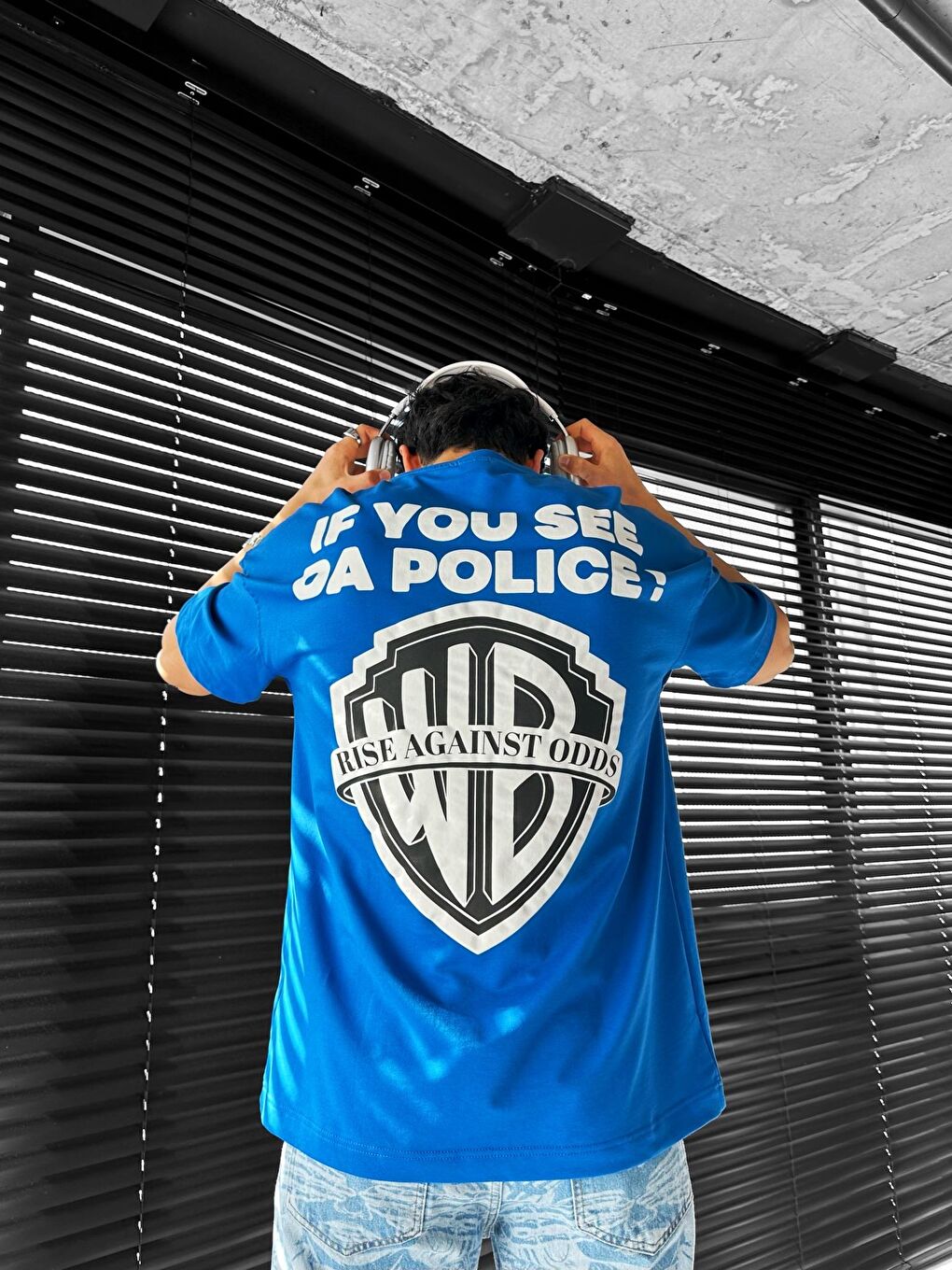 Erkek Oversize 'Police!' Baskılı İki İplik T-Shirt Mavi-2