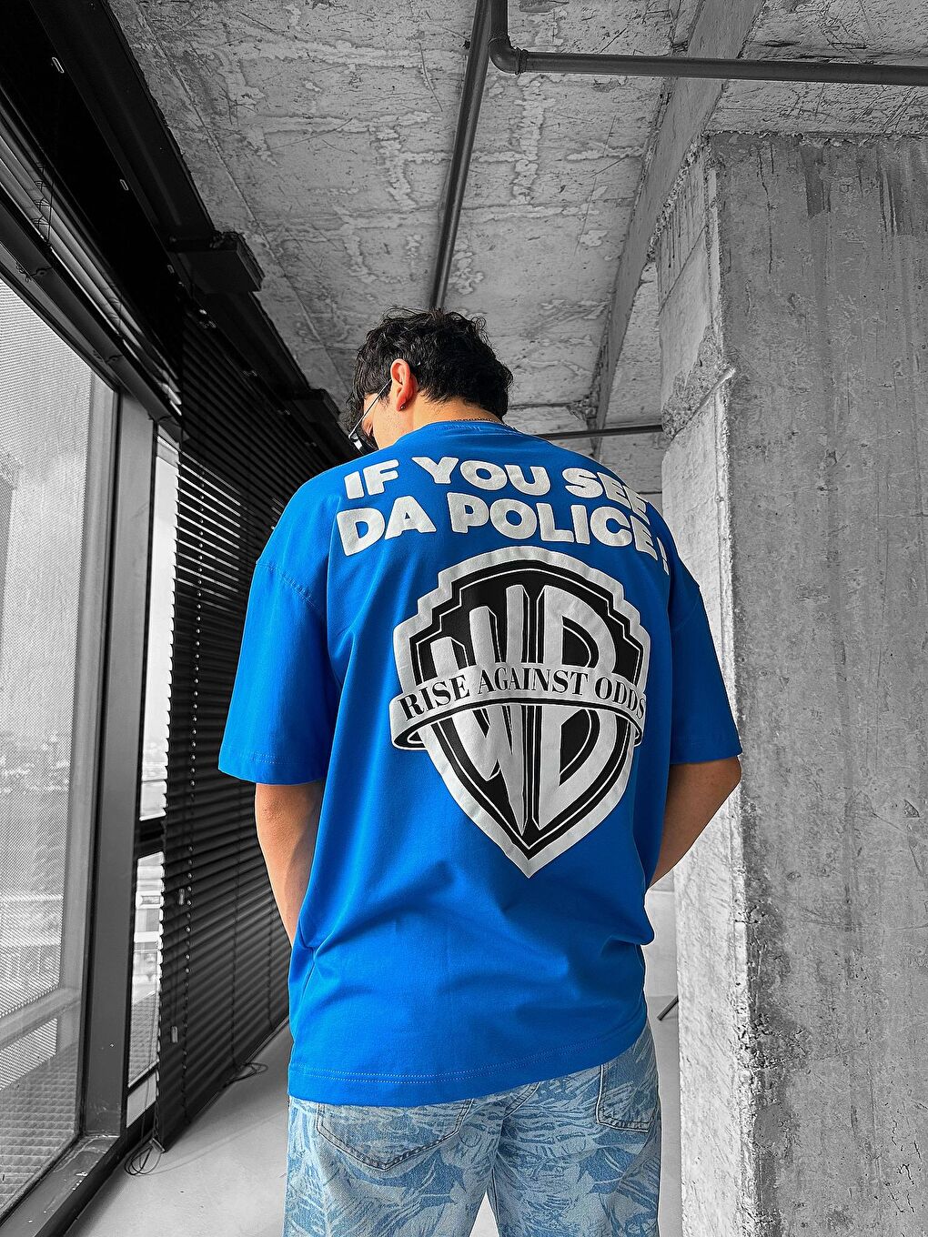 Erkek Oversize 'Police!' Baskılı İki İplik T-Shirt Mavi-4