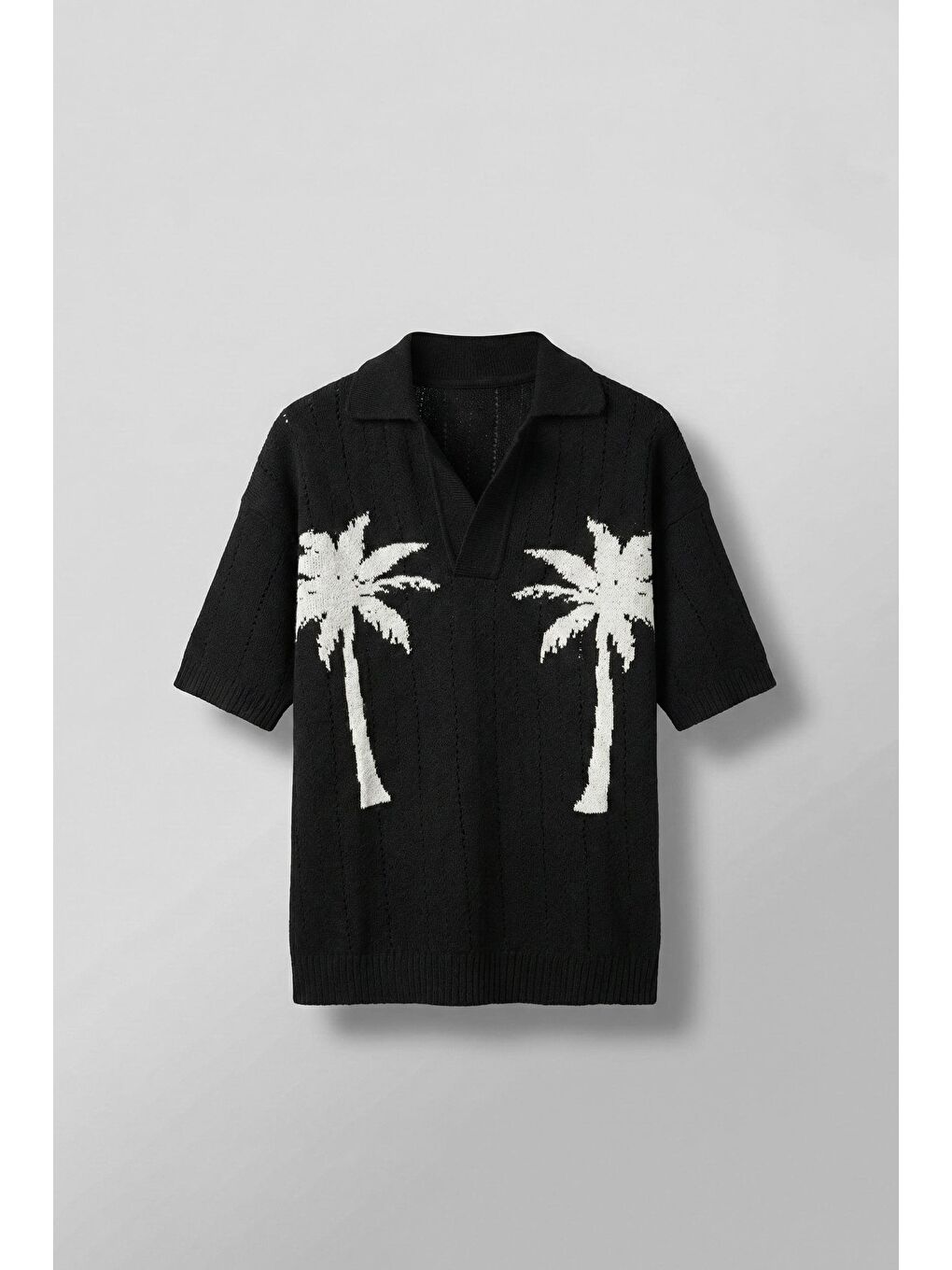 Erkek Oversize Palmiye Desenli Triko T-Shirt Siyah