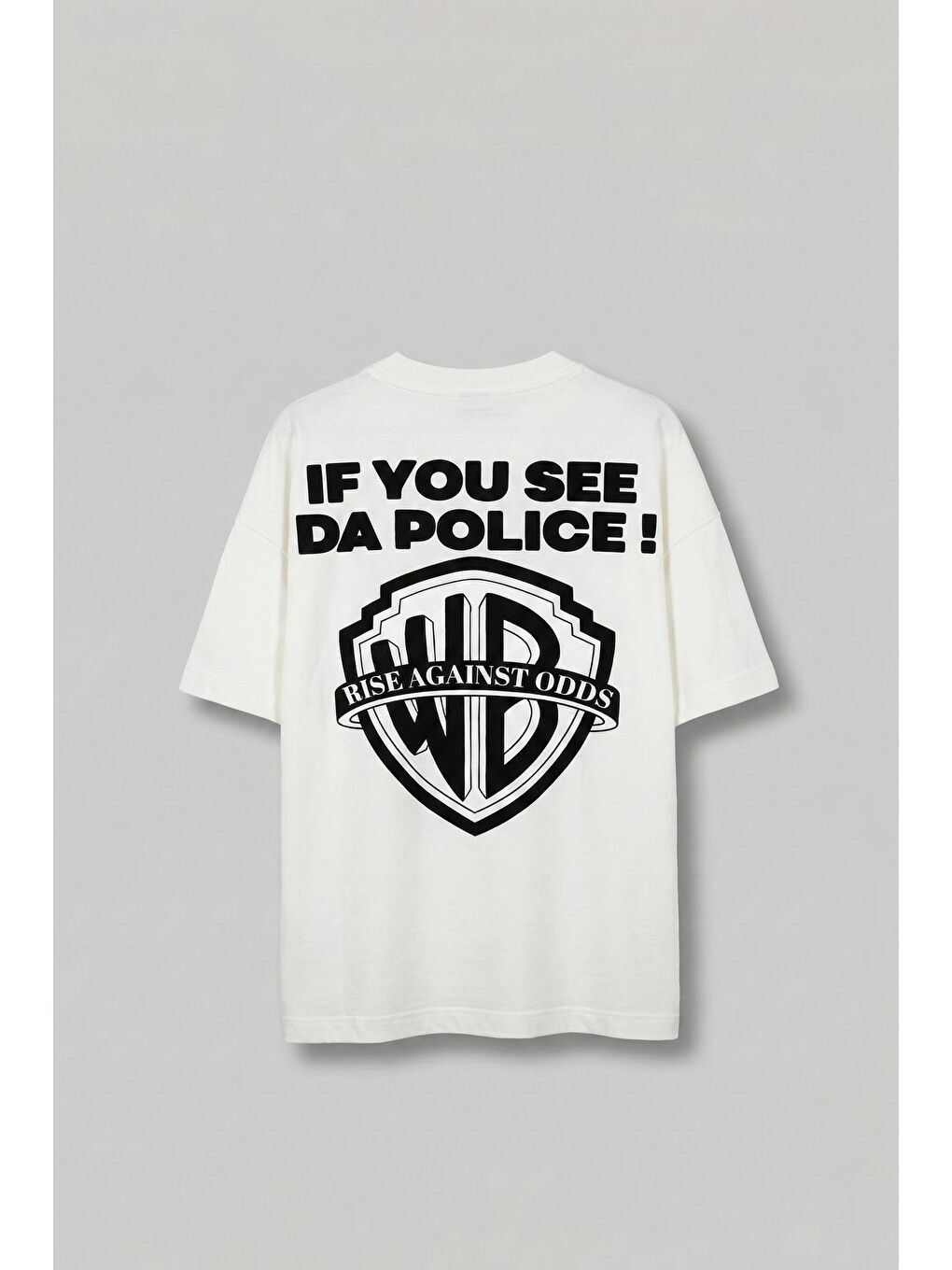 Erkek Oversize 'Police!' Baskılı İki İplik T-Shirt Beyaz