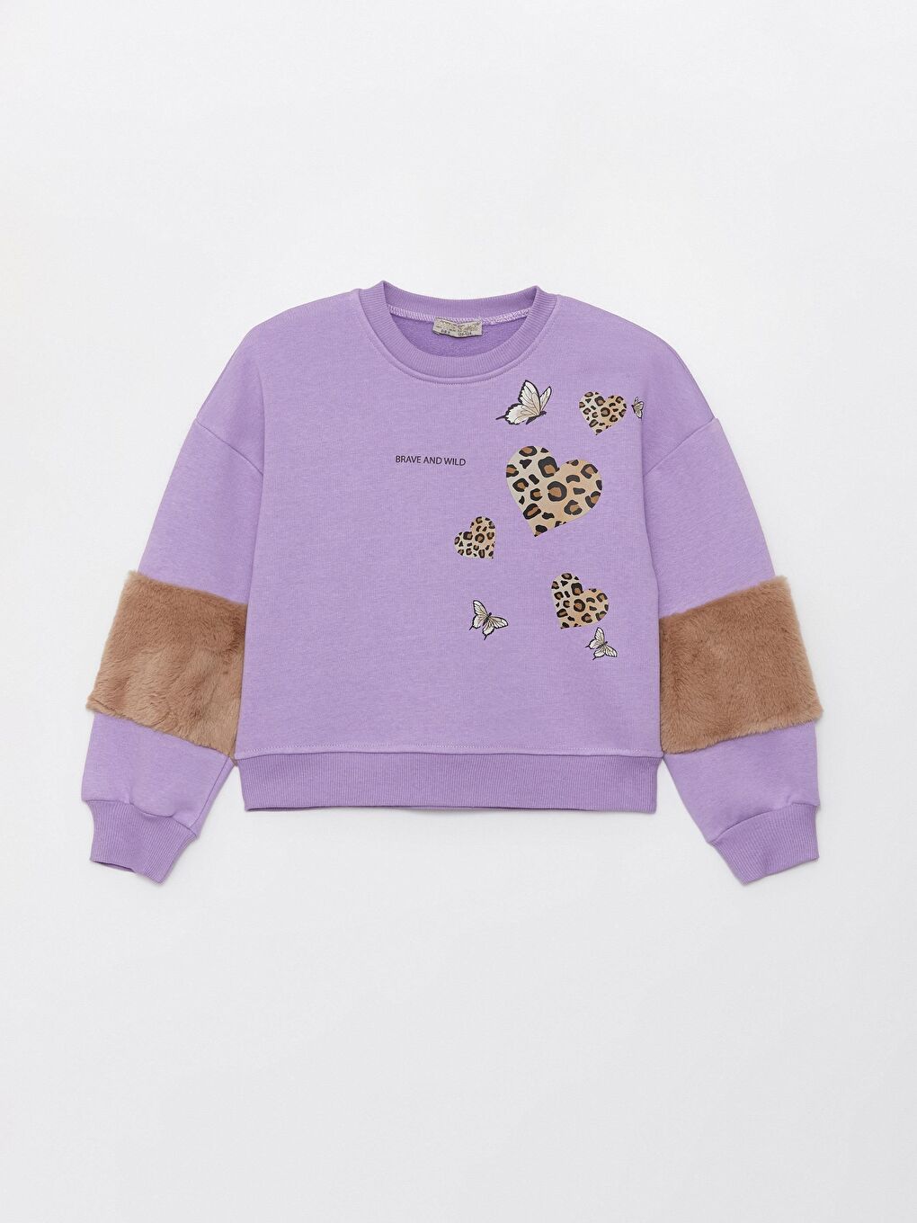 Lila Kız Çocuk Kolu Kürklü Baskılı Üç İplik SweatShirt
