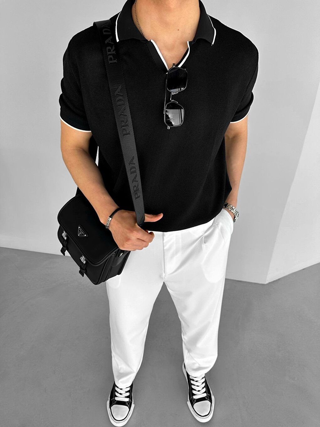 Erkek Polo Yaka Triko T-Shirt Siyah-3