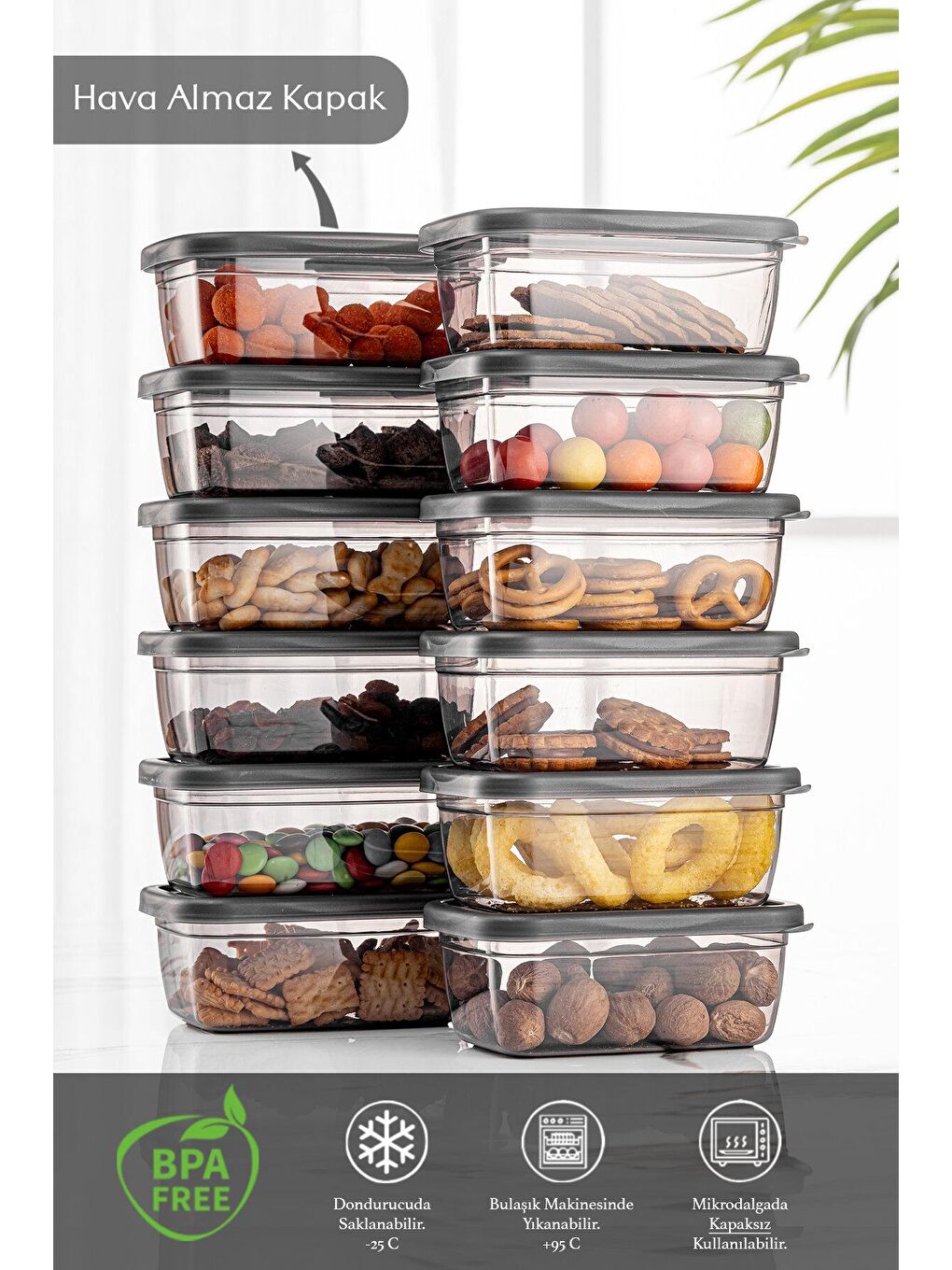 Gri 12'li Set Pratik Box - Dikdörtgen Kapaklı Saklama Kabı - Baharatlık Kahvaltı Çerezlik Kabı 12x380 ml-1