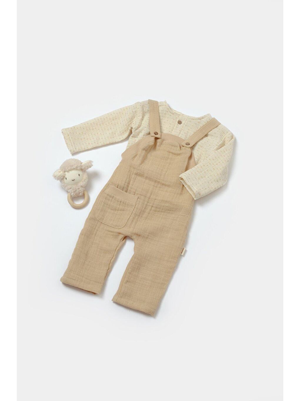 BabyCosy Organic Wear Koyu Bej Müslin Uzun Kollu Gömlek & Salopet Set