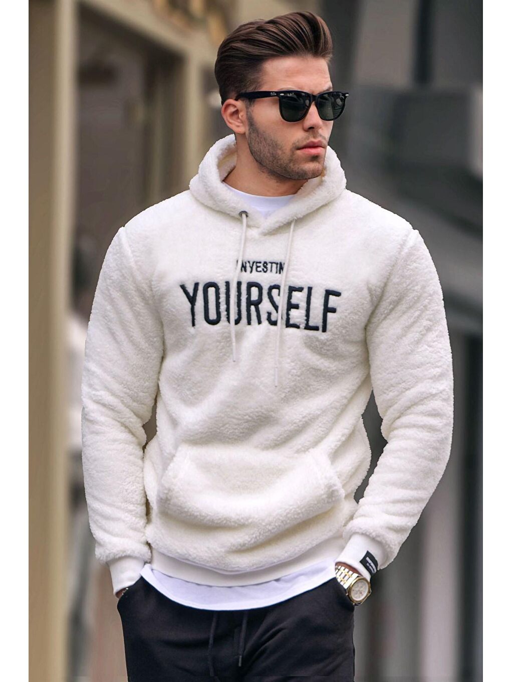 Madmext Beyaz kapüşonlu Peluş Sweatshirt Beyaz 4390