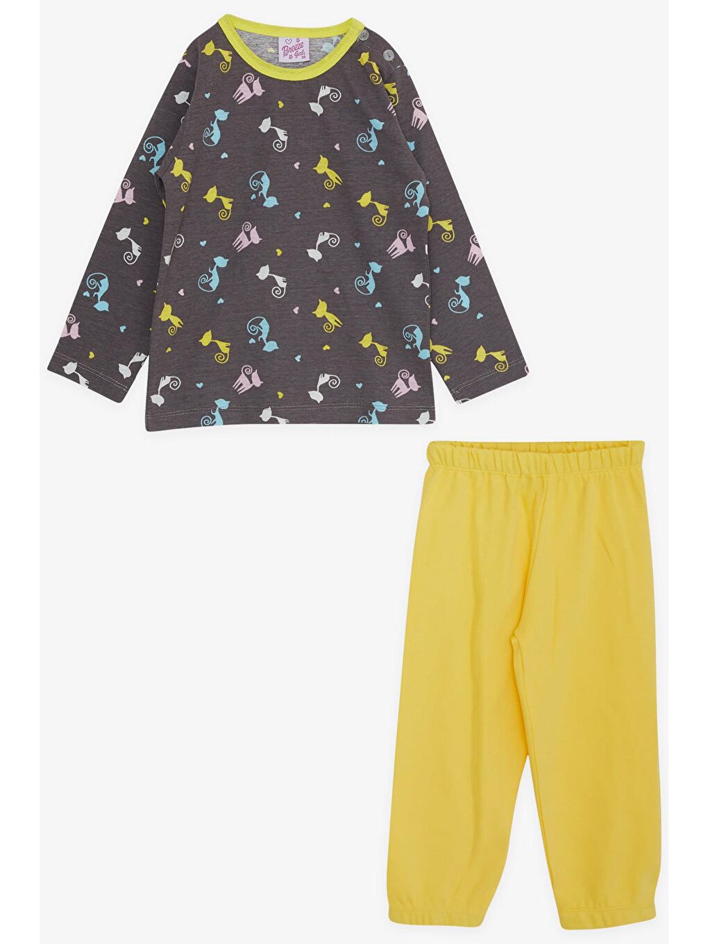 Kız Çocuk Pijama Takımı Renkli Kedicikler Desenli Kahverengi (1-2 Yaş)