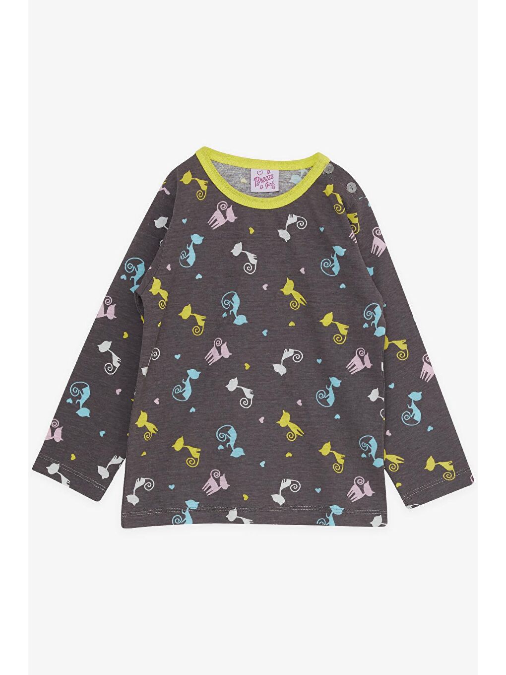 Kız Çocuk Pijama Takımı Renkli Kedicikler Desenli Kahverengi (1-2 Yaş)-2