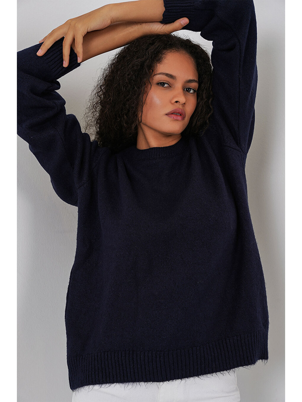 15895 Baklava Desenli Oversize Triko Kazak - K. Lacivert-2