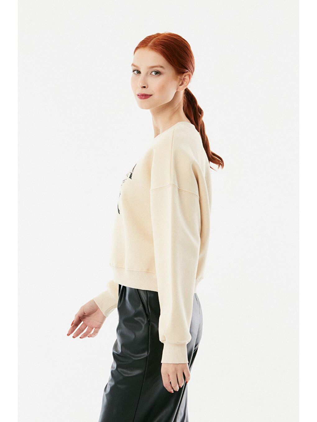 Bej Nirvana Baskılı Kısa Sweatshirt-2