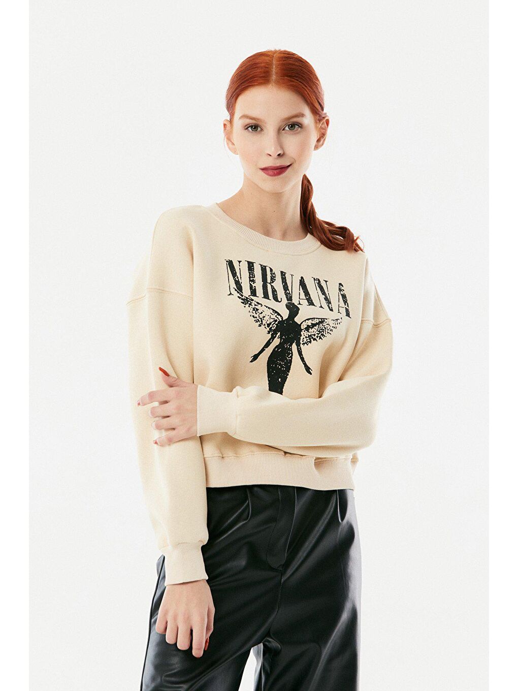 Bej Nirvana Baskılı Kısa Sweatshirt-4