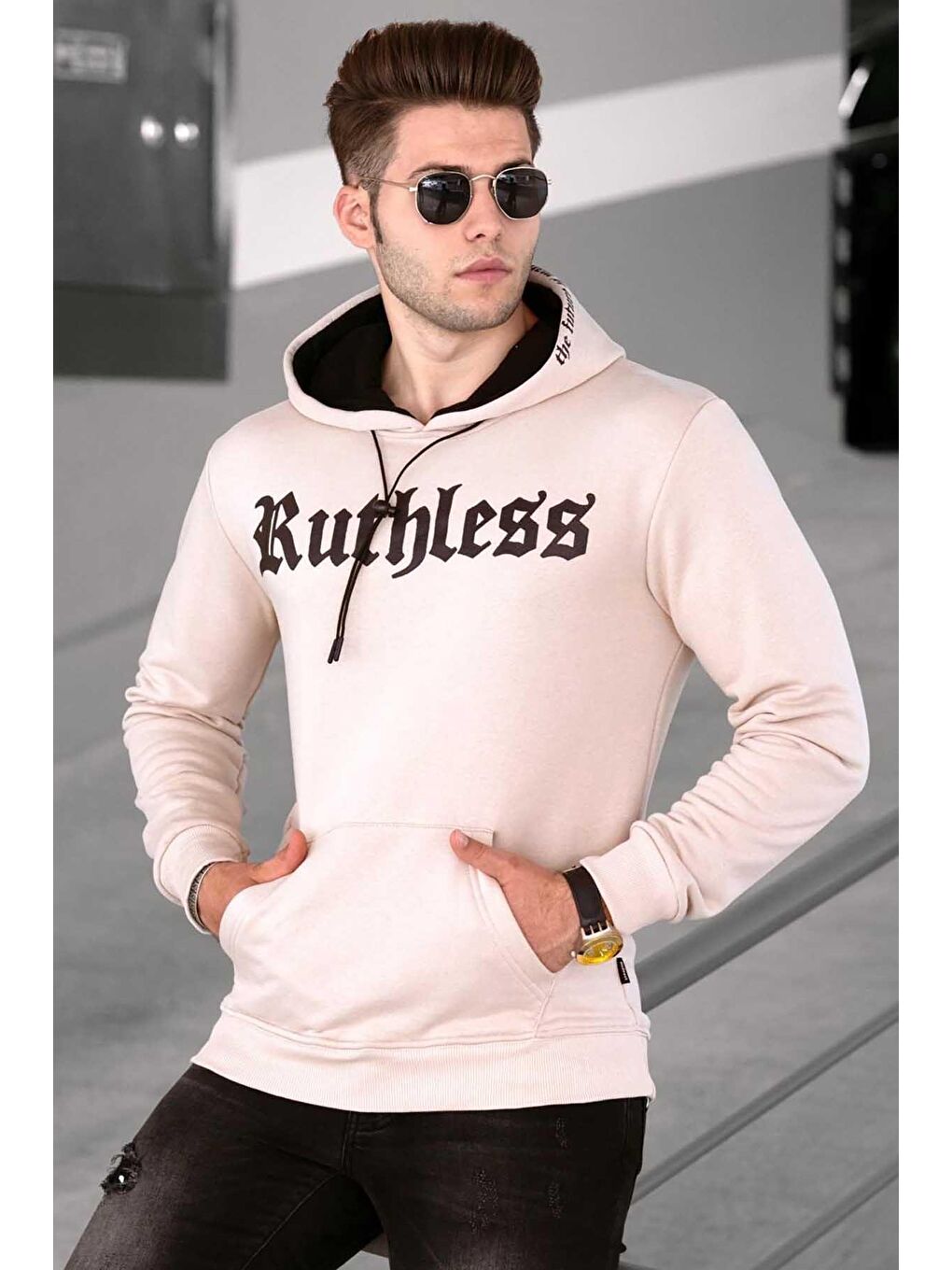 Bej Baskılı Erkek Kapüşonlu Sweatshirt 4747