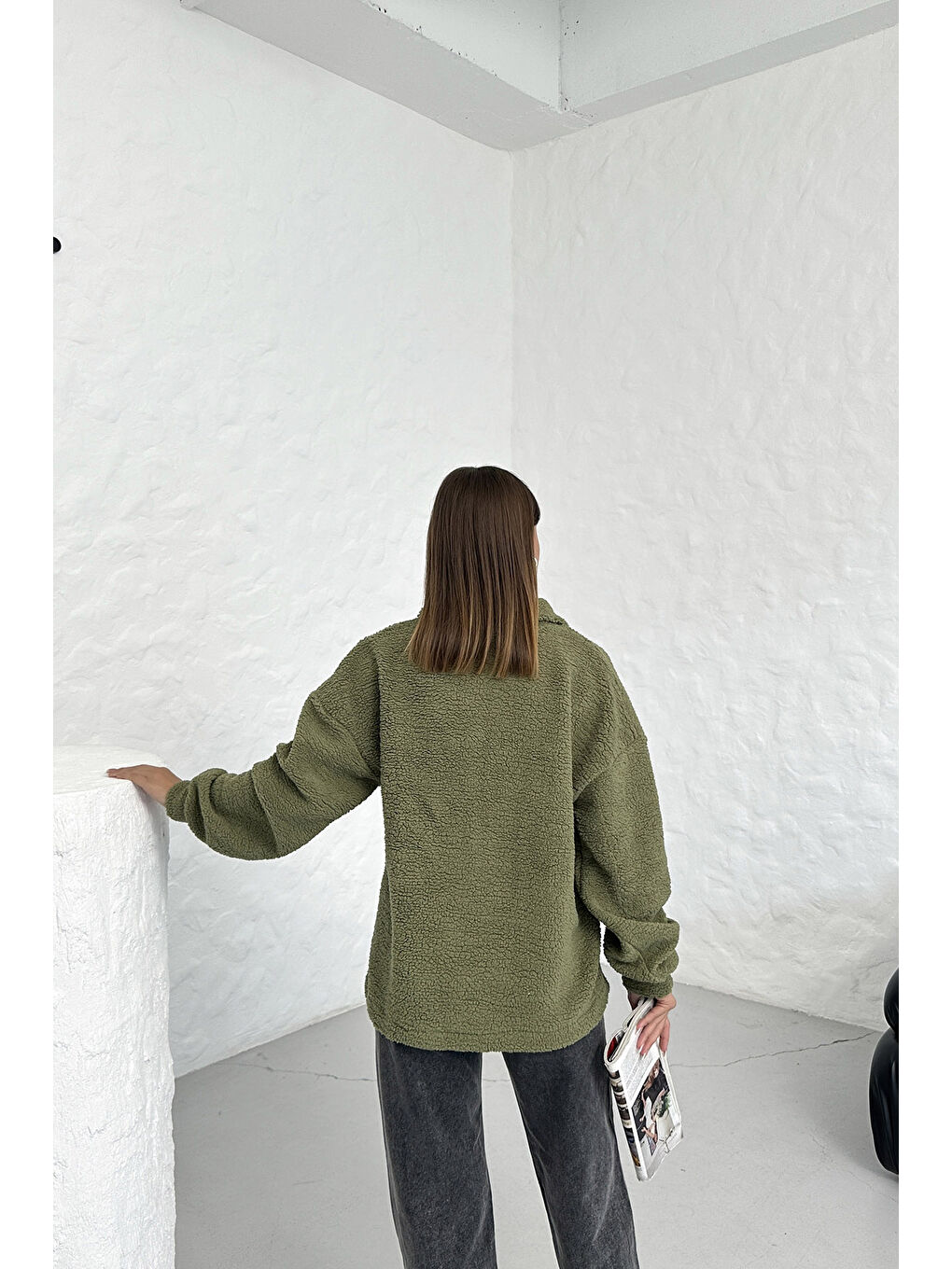 Trendseninle Haki Kadın Haki Fulfilling Life Baskılı Oversize Yarım Fermuarlı Yumuşak Dokulu Pelüş Sweatshirt - 3