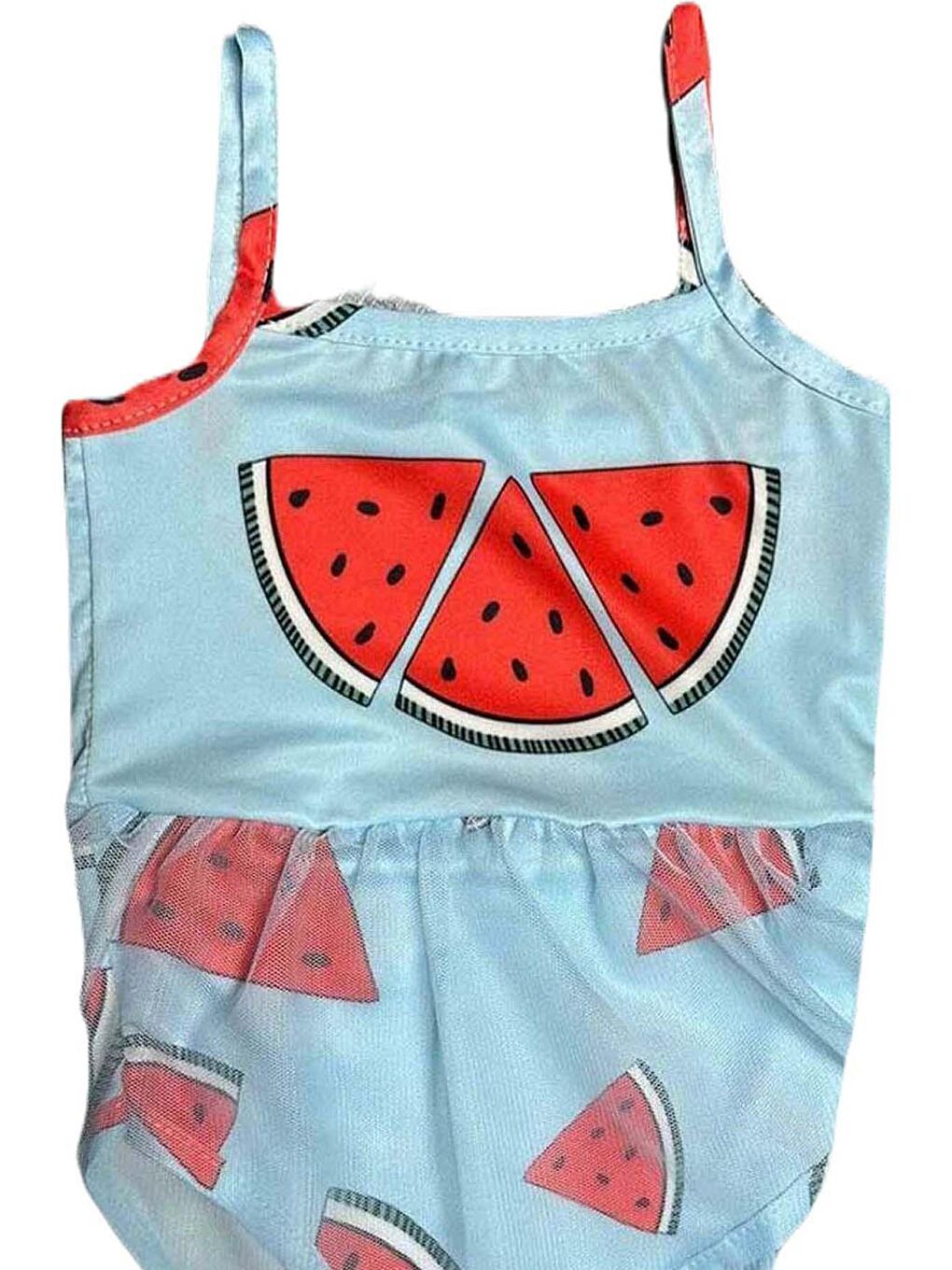 Kız Çocuk Karpuz Desenli Tüllü Mavi Mayo-1