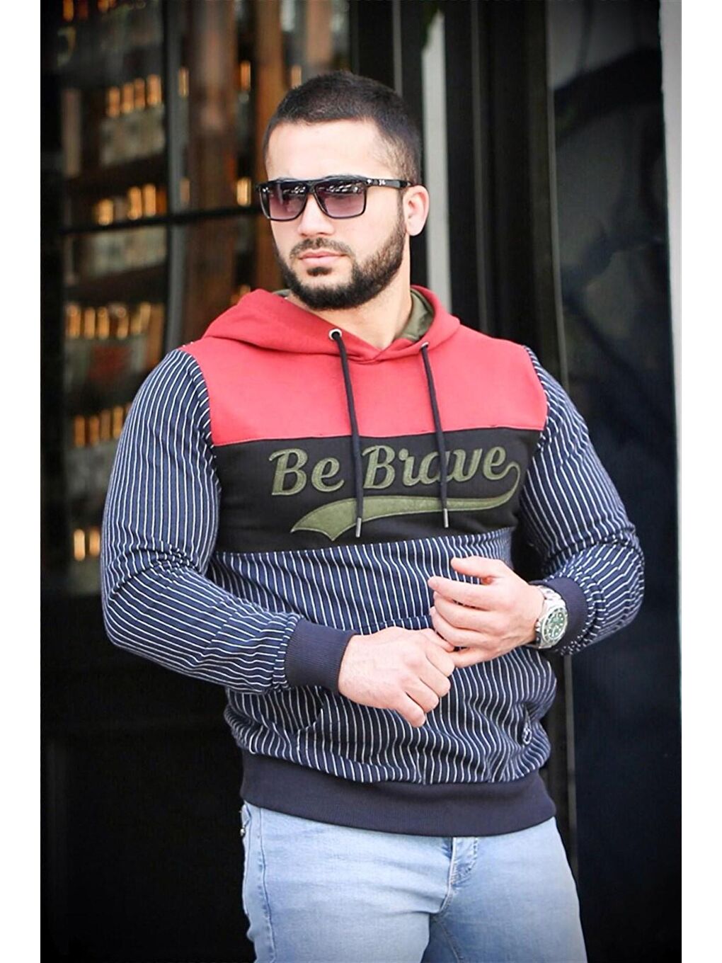 Madmext Lacivert kapüşonlu Çizgili Sweatshirt Lacivert 2815