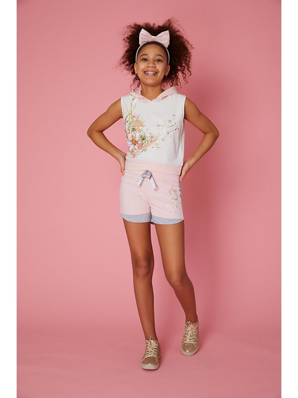 Ekru Kız Çocuk Nota Müzik Çiçek Desenli Kapüşonlu Tişört