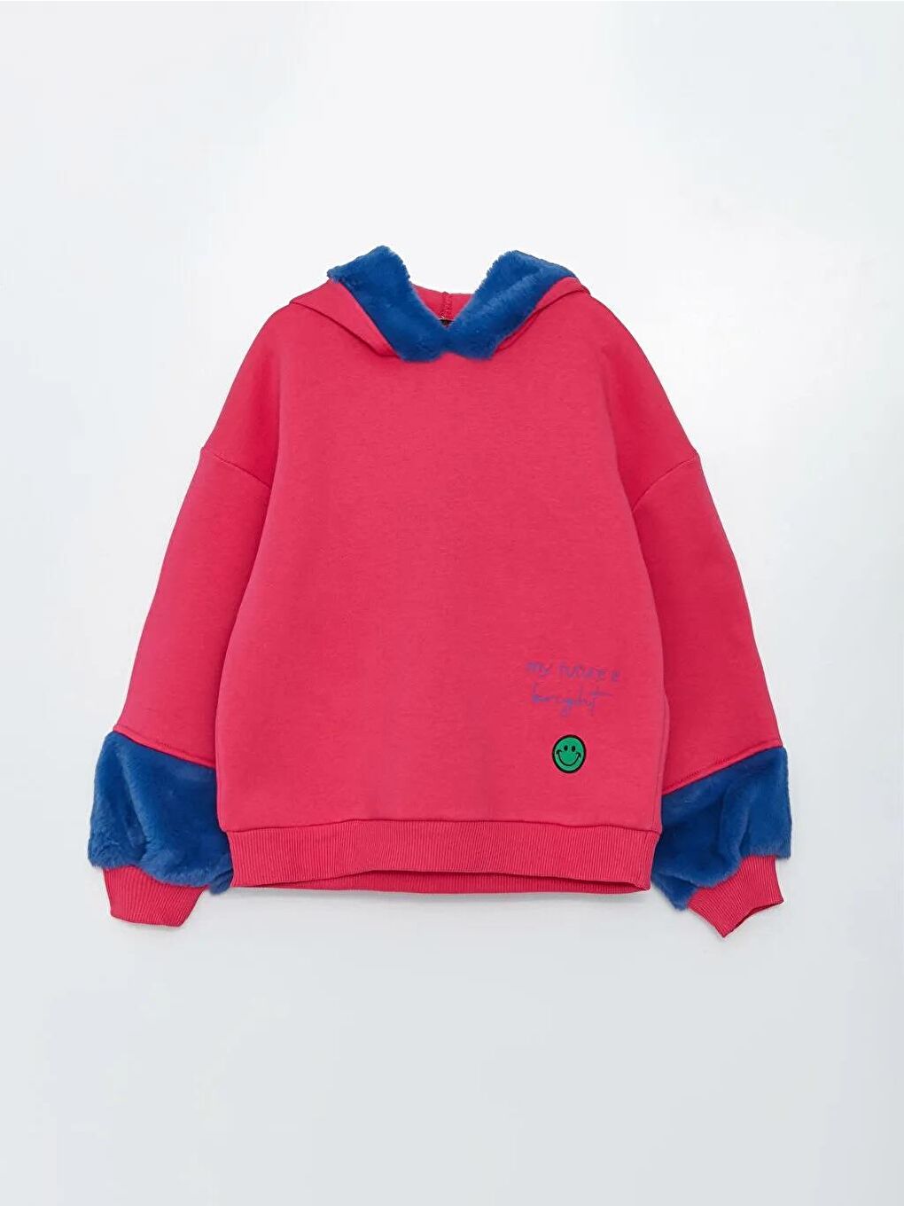Fuşya Kız Çocuk Üç İplik Kürklü Baskılı Kapüşonlu SweatShirt