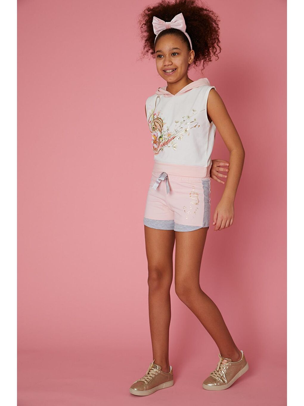 Ekru Kız Çocuk Nota Müzik Çiçek Desenli Kapüşonlu Tişört-1