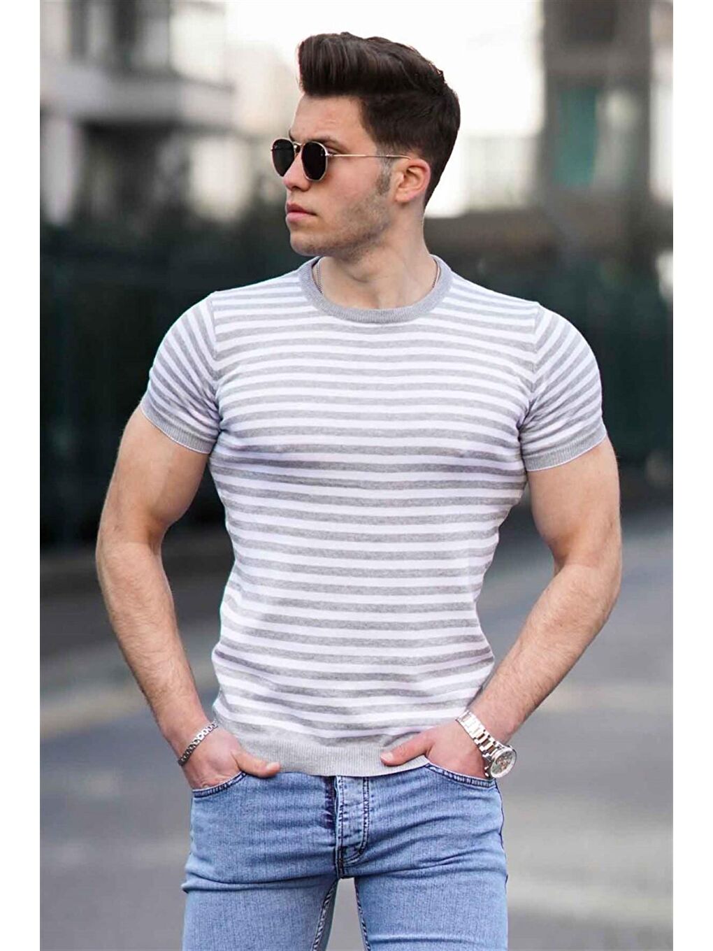 Bisiklet Yaka Gri Erkek Triko Tişört 4602