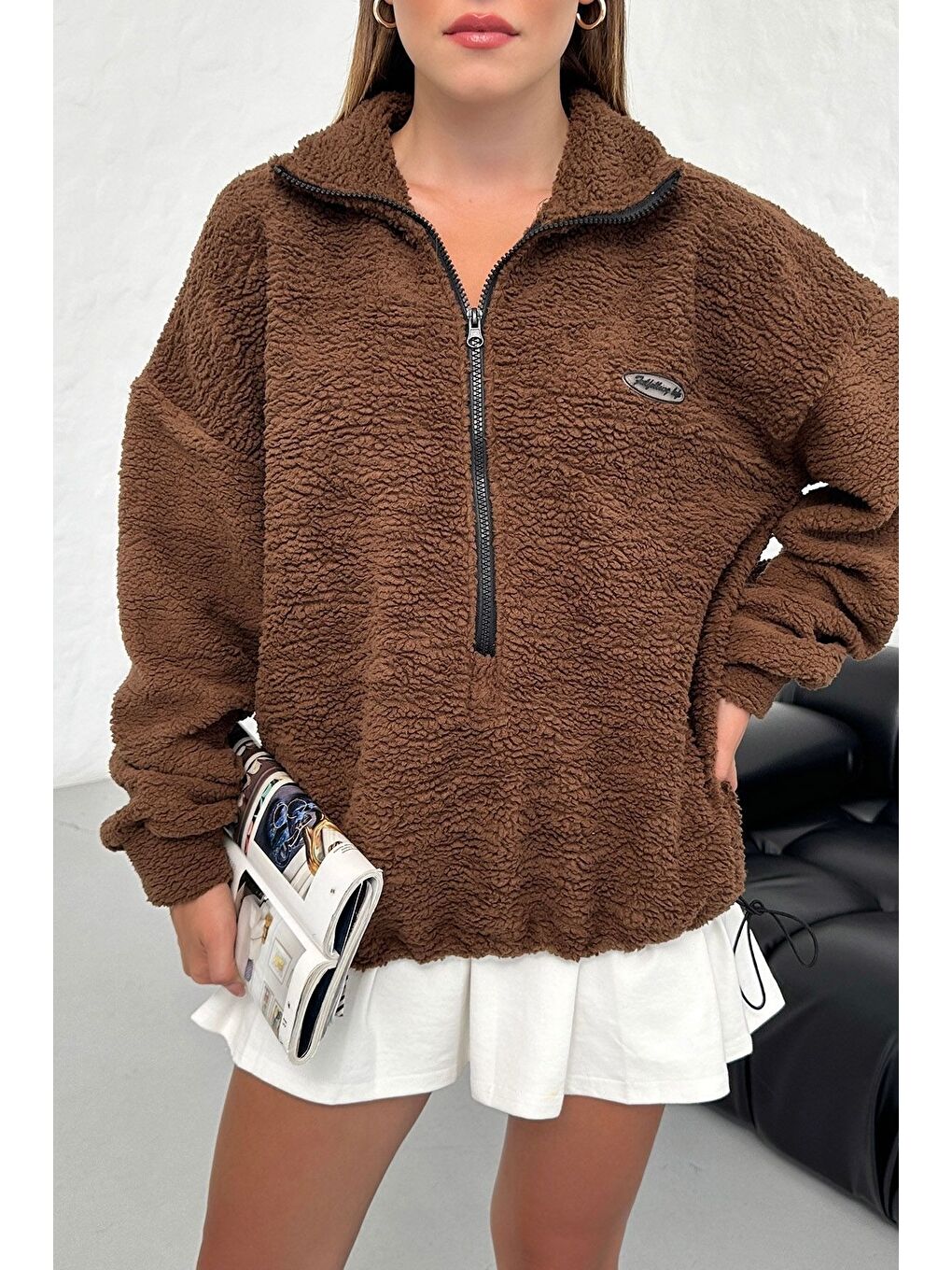 Trendseninle Kahverengi Kadın Kahve Fulfilling Life Baskılı Oversize Yarım Fermuarlı Yumuşak Dokulu Polar Sweatshirt