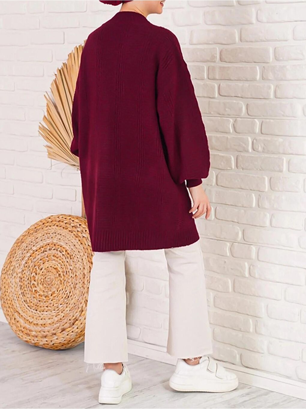 Kadın Bordo Saç Örgü Desen Uzun Düğmeli Rahat Kesim Triko Hırka HZL23W-BD1100691-3