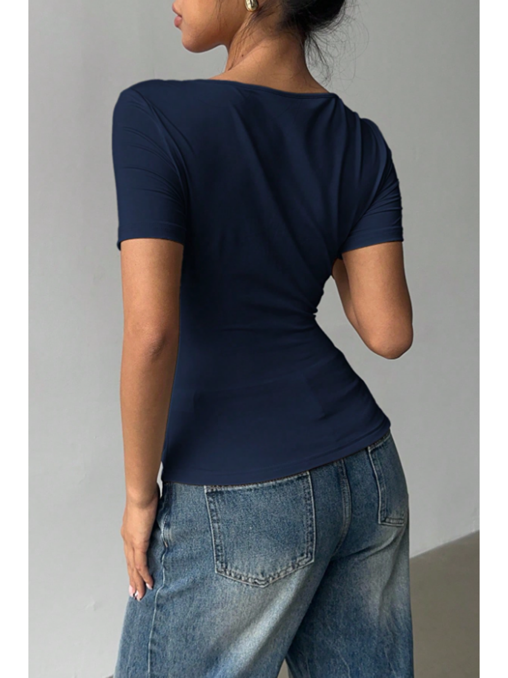 Kadın Lacivert Çapraz Yaka Kısa Kollu Slim Fit Bluz-6